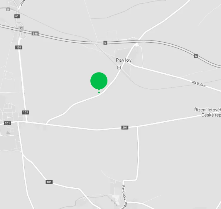 Mapa — poloha kompostárny ECOWOOD u silnice III/0067 mezi Unhoští a Pavlovem